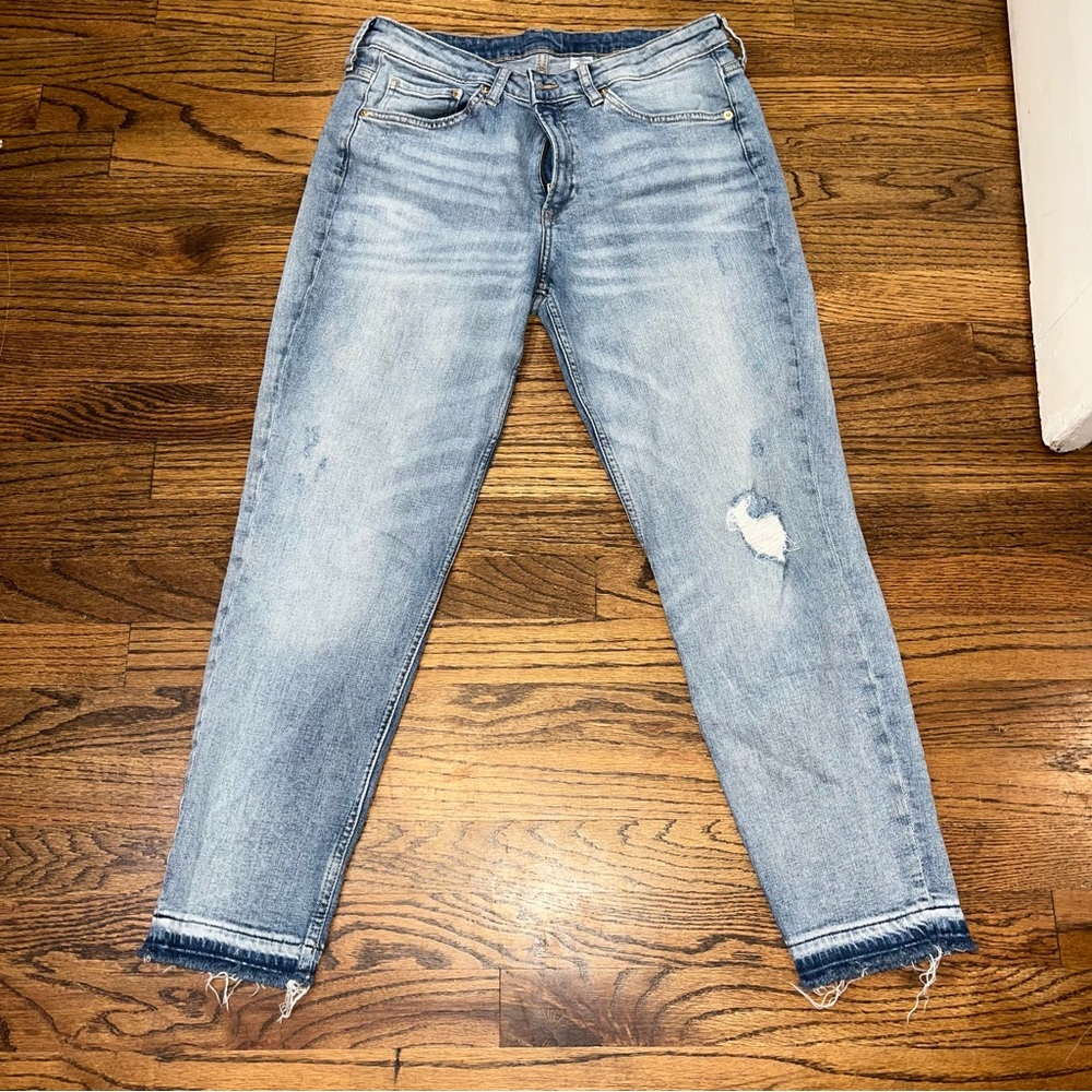 H&M Blue Ankle Cropped Jeans with Distressed Detail girlfriend fit size 10